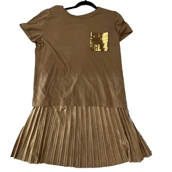 DKNY Womens Accordion Pleated Midi Skirt and T-Shirt Set Size Medium Gold Sequin - Picture 1 of 11